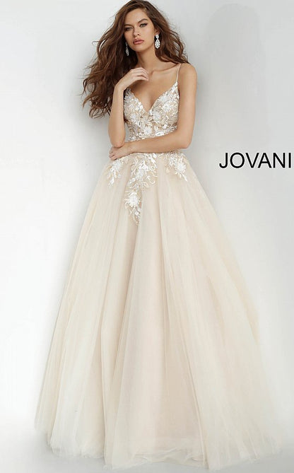 Nude Plunging Neckline Flower Appliques Prom Jovani Gown 02758 - Elbisny