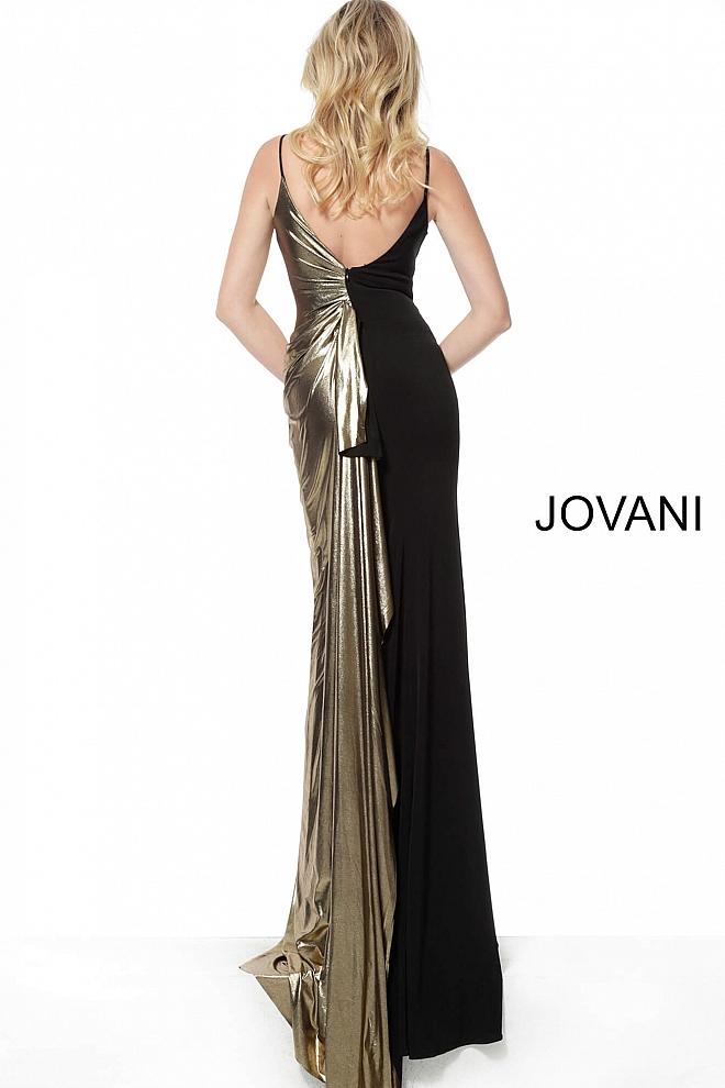 Black Gold Ruched Spaghetti Straps Evening Jovani Dress 1700 - Elbisny