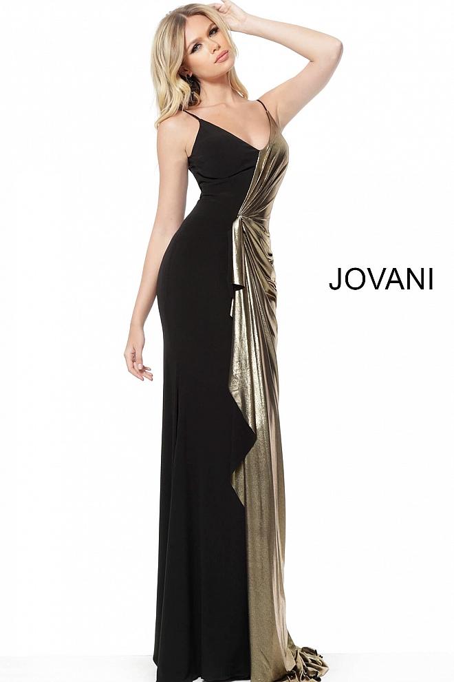 Black Gold Ruched Spaghetti Straps Evening Jovani Dress 1700 - Elbisny