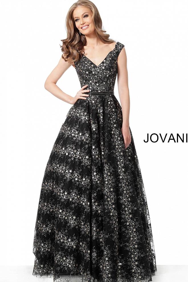 Black Grey V Neck A Liner Evening Jovani Gown 68059 - Elbisny