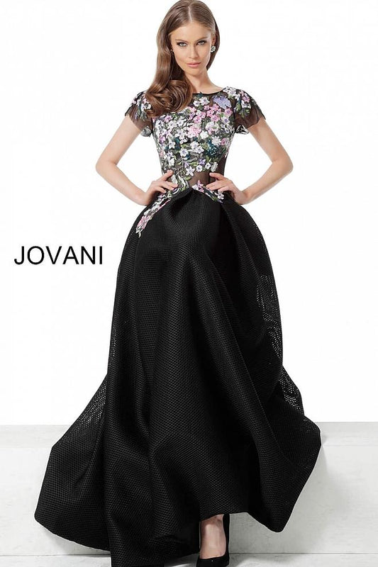 Black Multi Floral Bodice Short Sleeve Evening Jovani Dress 66418 - Elbisny