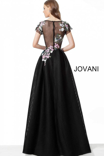 Black Multi Floral Bodice Short Sleeve Evening Jovani Dress 66418 - Elbisny