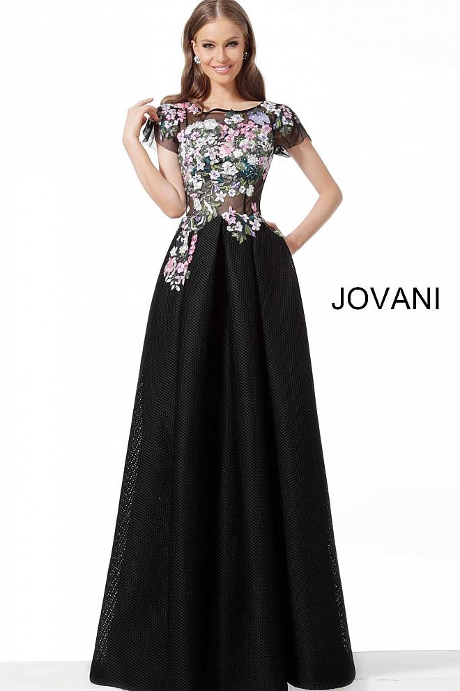 Black Multi Floral Bodice Short Sleeve Evening Jovani Dress 66418 - Elbisny