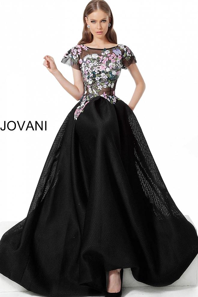 Black Multi Floral Bodice Short Sleeve Evening Jovani Dress 66418 - Elbisny