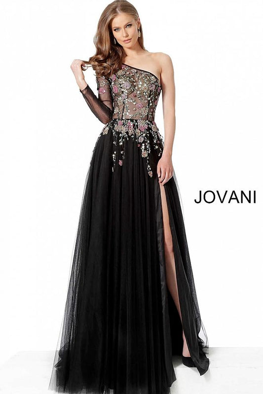 Black Multi One Shoulder Embellished Pageant Jovani Gown 66344 - Elbisny