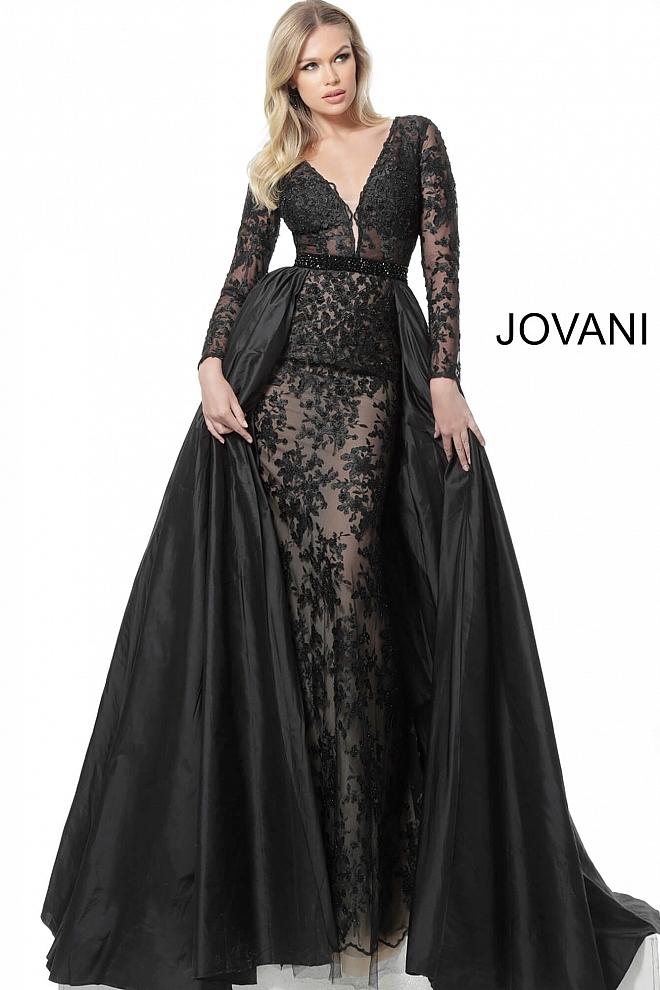 Black Plunging Neckline Long Sleeve Evening Jovani Gown 67466 - Elbisny