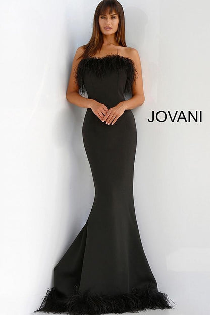 Black Strapless Feather Neckline Evening Jovani Dress 63891 - Elbisny