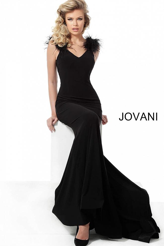 Black V Neck Feather Shoulders Evening Jovani Gown 68596 - Elbisny