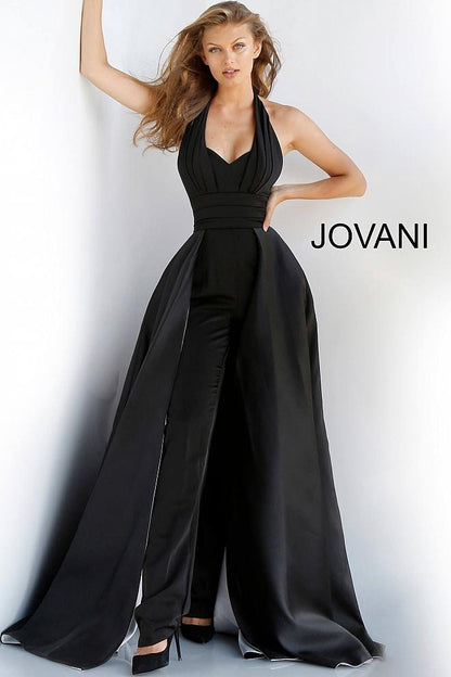 Black White Halter Neck Pleated Bodice Evening Jovani Jumpsuit 59237 - Elbisny