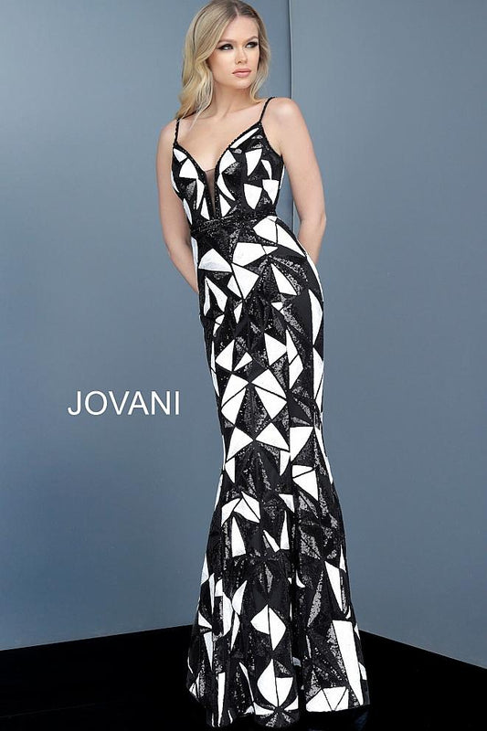 Black White Plunging Neckline Spaghetti Straps Evening Jovani Dress 2250 - Elbisny