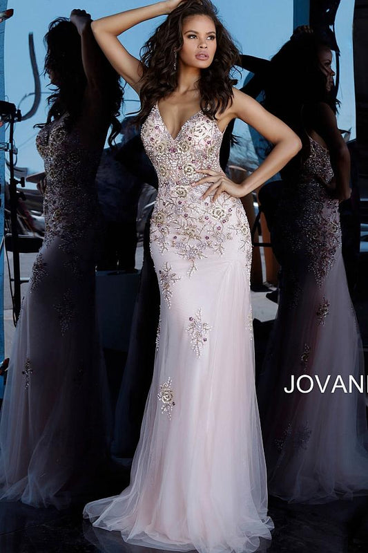 Blush Beaded Backless V Neck Evening Jovani Dress 65322 - Elbisny