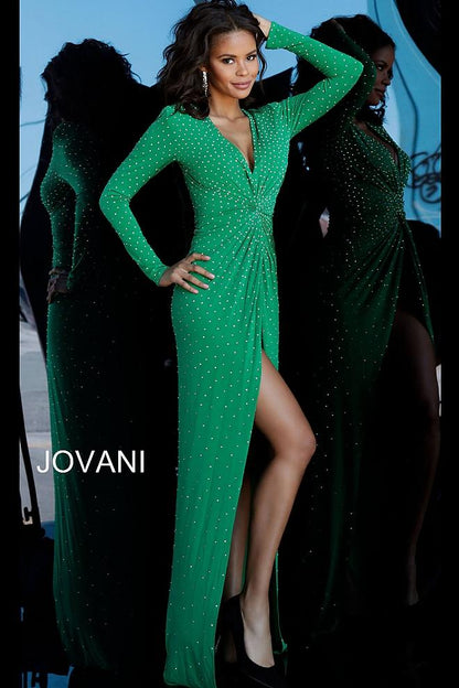 Emerald Beaded Plunging Neckline Jersey Prom Jovani Dress 3058 - Elbisny