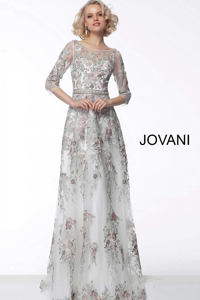 Green White Floral Embroidered Boat Neck Evening Jovani Dress 66871 - Elbisny