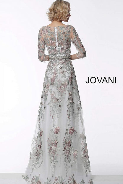 Green White Floral Embroidered Boat Neck Evening Jovani Dress 66871 - Elbisny