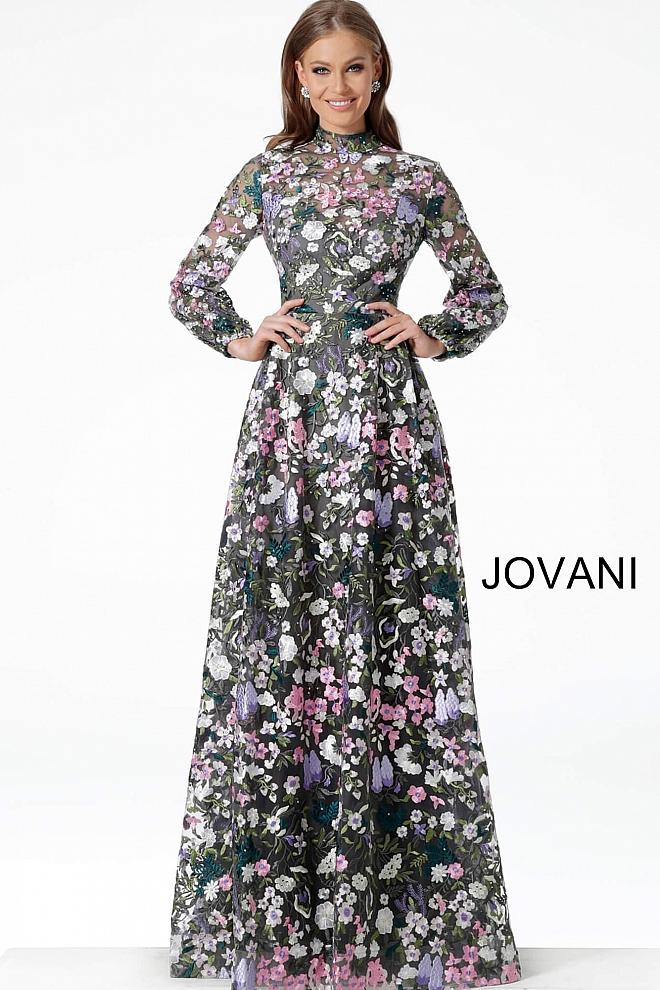 Grey Multi Embroidered Long Sleeve Evening Jovani Dress 68472 - Elbisny