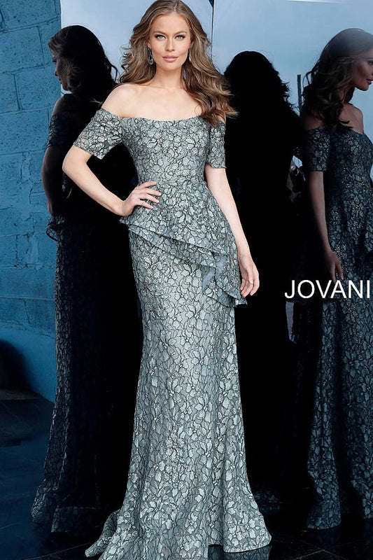 Grey Off the Shoulder Peplum Evening Jovani Dress 61522 - Elbisny