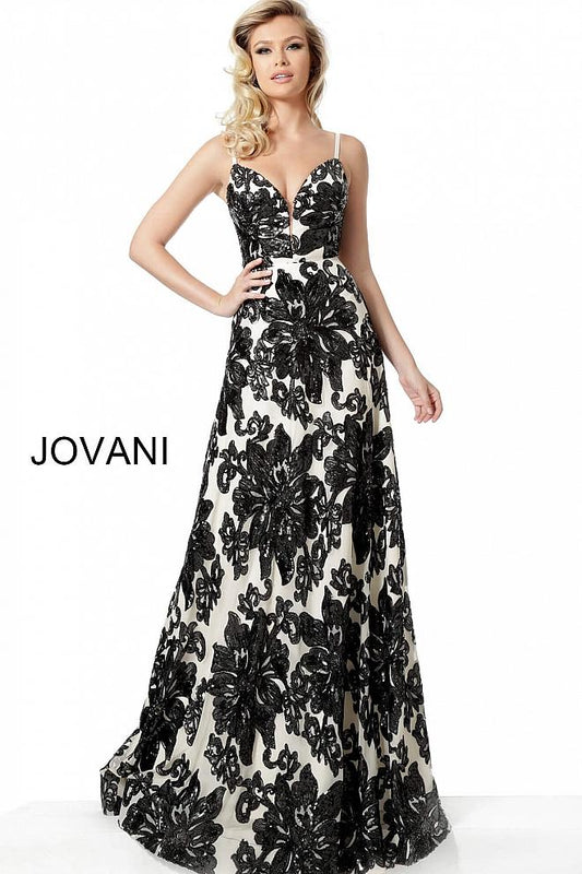 Ivory Black Spaghetti Straps Maxi Evening Jovani Dress 63362 - Elbisny