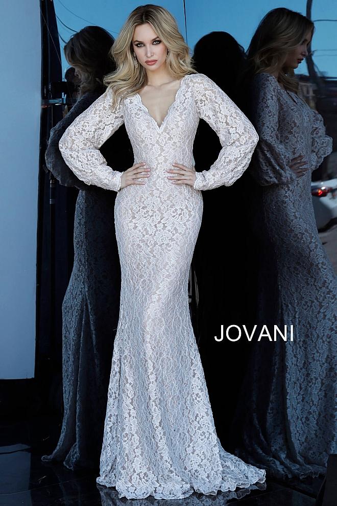 Ivory Nude V Neck Long Sleeve Lace Evening Jovani Dress 68536 - Elbisny