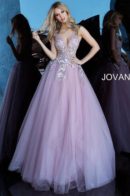 Mauve Floral Embroidered V Neck Prom Jovani Ballgown 67459 - Elbisny