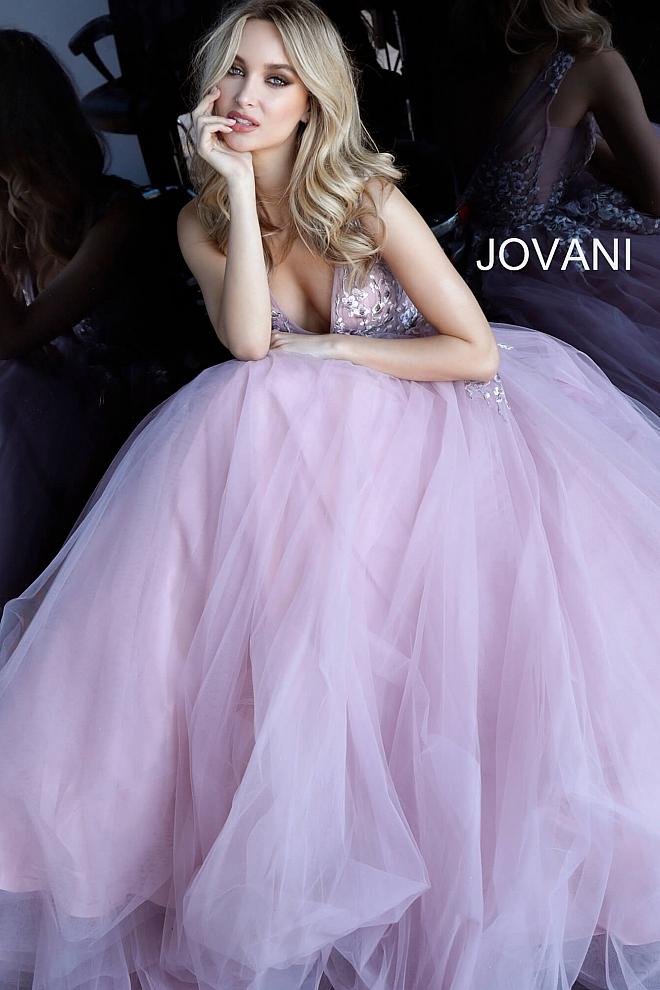 Mauve Floral Embroidered V Neck Prom Jovani Ballgown 67459 - Elbisny