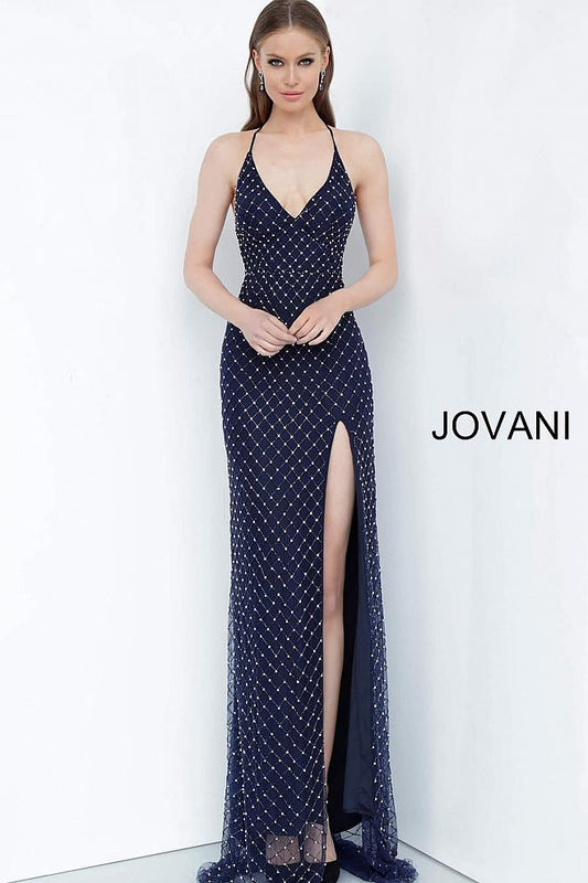 Navy Criss Cross Back Embellished Evening Jovani Dress 67317 - Elbisny