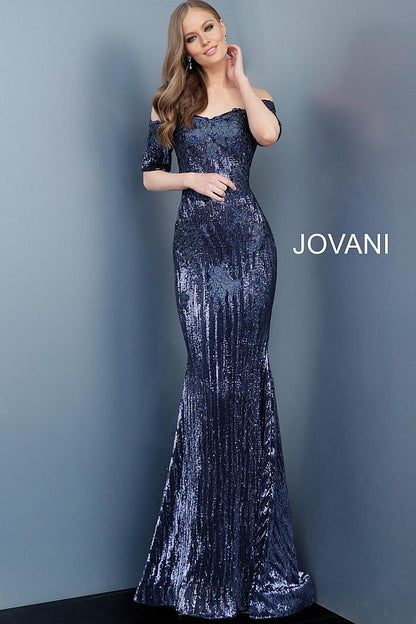 Navy Off the Shoulder Short Sleeve Evening  Jovani Dress 67104 - Elbisny