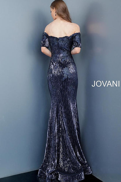 Navy Off the Shoulder Short Sleeve Evening  Jovani Dress 67104 - Elbisny