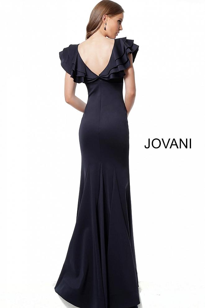 Navy Ruffle V Neck Evening Jovani Dress 68793 - Elbisny