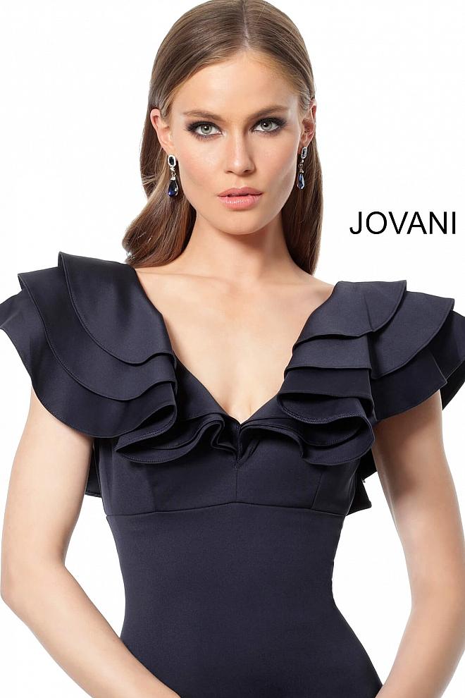 Navy Ruffle V Neck Evening Jovani Dress 68793 - Elbisny