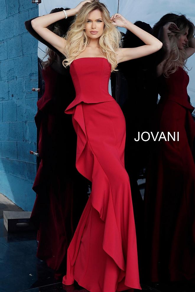 Red Strapless Straight Neck Evening Jovani Dress 68766 - Elbisny