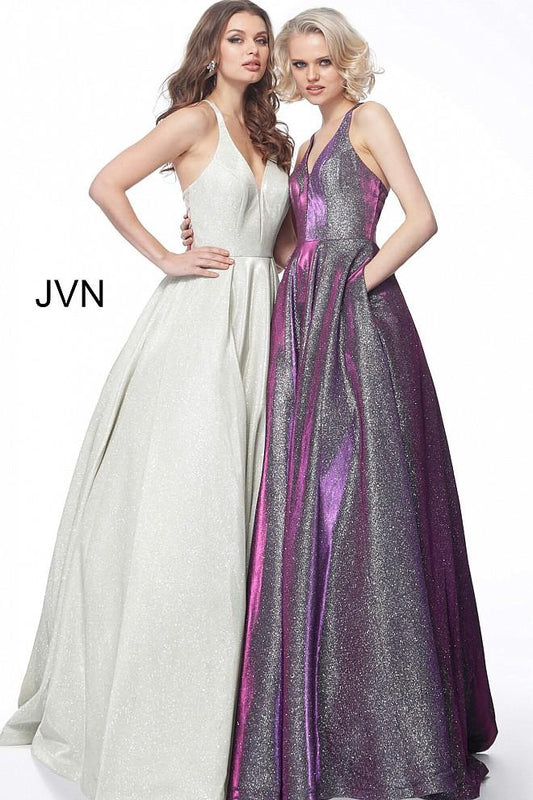 Sleeveless Metallic V Neck Evening Ballgown JVN65851 - Elbisny