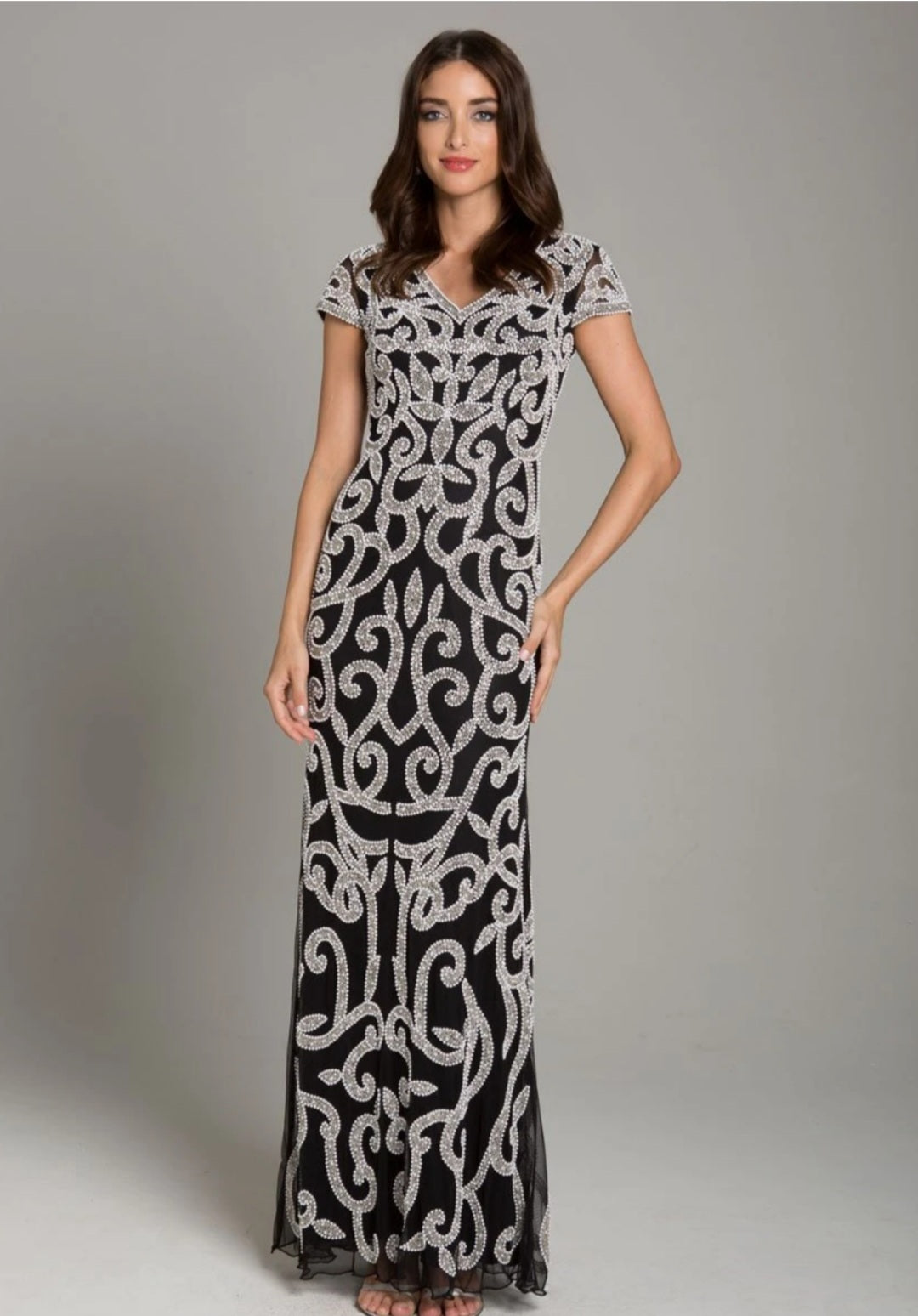 LARA 29901 - BLACK AND WHITE BEADED PATTERN LONG DRESS - Elbisny