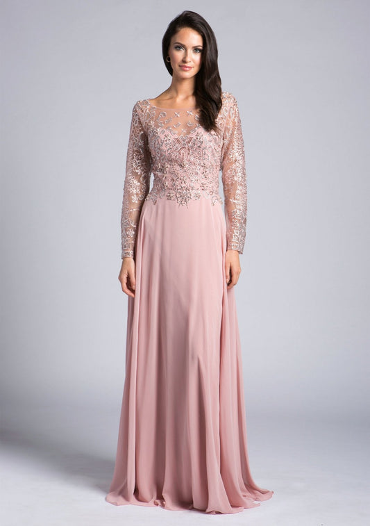 Lara 33625 - Long Sleeve Chiffon Gown - Elbisny