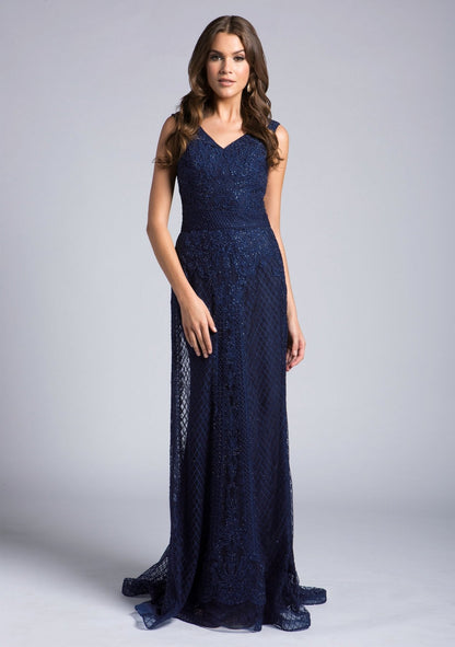 Lara 33628 - V Neck Beaded Lace Sheath Gown - Elbisny