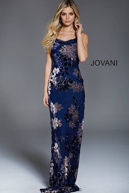 Navy Floral Spaghetti Straps Evening Jovani Dress 54505 - Elbisny