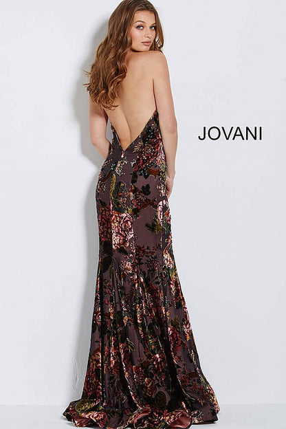 Multi Color Plunging Halter Neck Floral Evening Jovani Dress 58560 - Elbisny