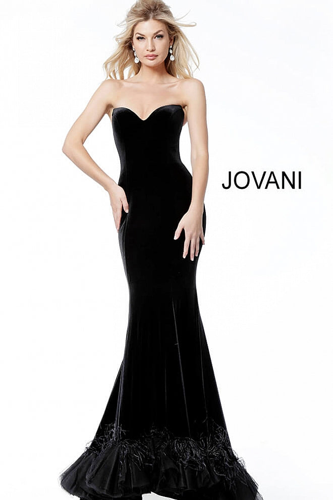 Black Velvet Plunging Neck Feather Bottom Evening Jovani Dress 60512 - Elbisny