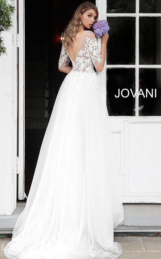 Off White Short Sleeves Embroidered Wedding Gown JB67210 - Elbisny