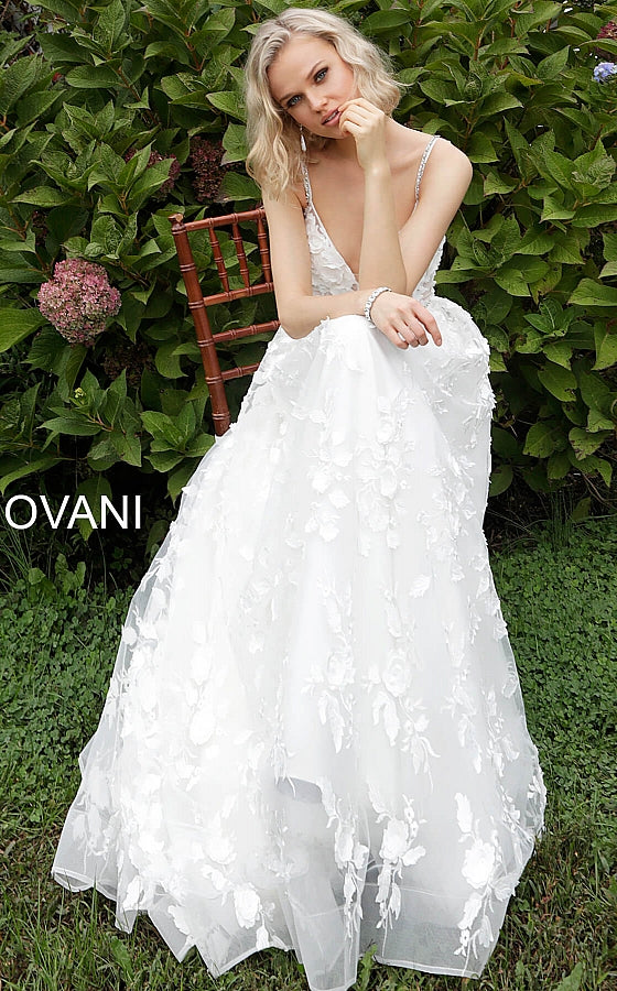 White Spaghetti Straps Floral Wedding Dress JB63363 - Elbisny