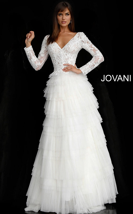 Off White Lace Long Sleeve Bodice Bridal Dress JB65932 - Elbisny