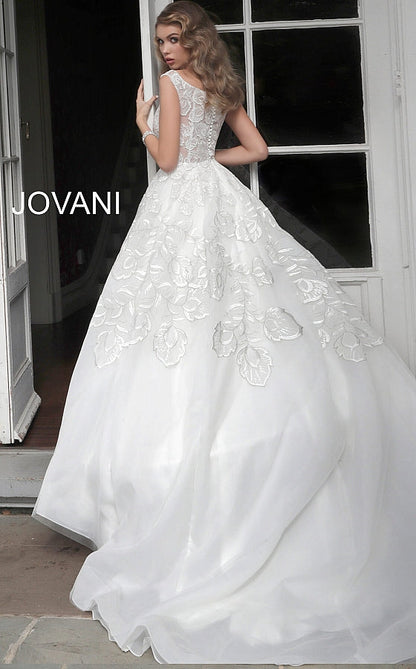 Off White Embellished V Neck Wedding Dress JB65936 - Elbisny