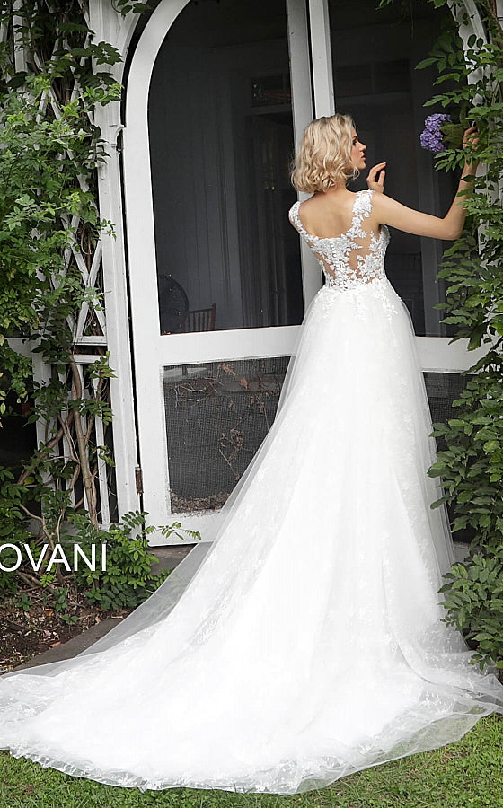 Off White Sleeveless Embroidered Bodice Wedding Dress JB68167 - Elbisny