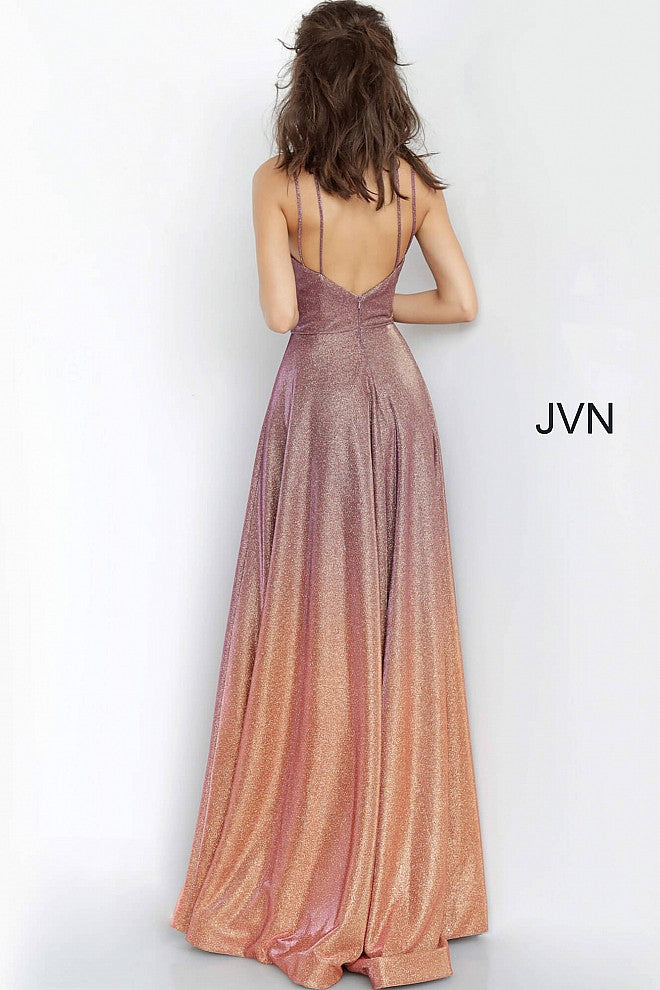 Purple Gold Plunging Neckline Maxi Prom Dress JVN4327 - Elbisny