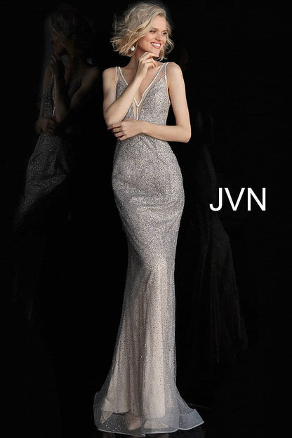 Silver Nude Fitted V Neck Sleeveless Prom Dress JVN62500 - Elbisny