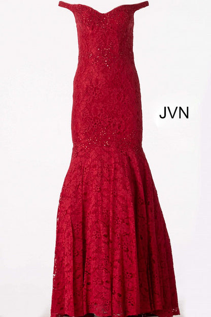 Red Embellished Off the Shoulder Lace Prom Dress JVN62564 - Elbisny