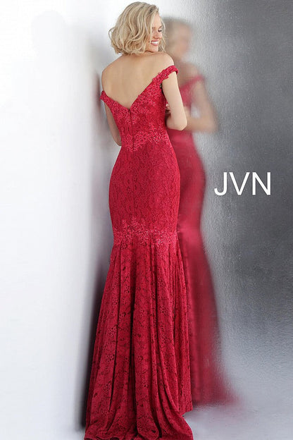 Red Embellished Off the Shoulder Lace Prom Dress JVN62564 - Elbisny