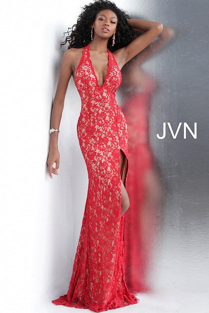 Red Halter Neck Fitted Lace Prom Dress JVN63391 - Elbisny