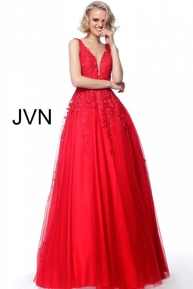 Red Plunging Neck Embroidered Prom Ballgown JVN68258 - Elbisny