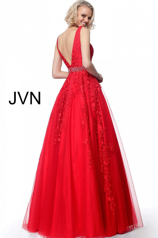 Red Plunging Neck Embroidered Prom Ballgown JVN68258 - Elbisny