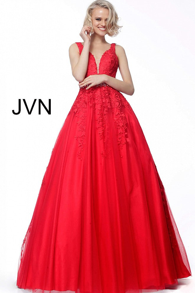 Red Plunging Neck Embroidered Prom Ballgown JVN68258 - Elbisny